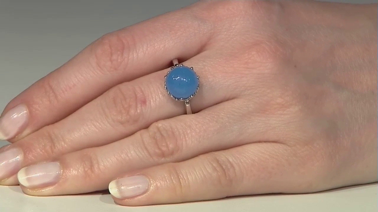 Ivy Gems Anello In Argento 925 Placcato Oro Con Giada Blu Ovale - Gioiello Artigianale Portafortuna