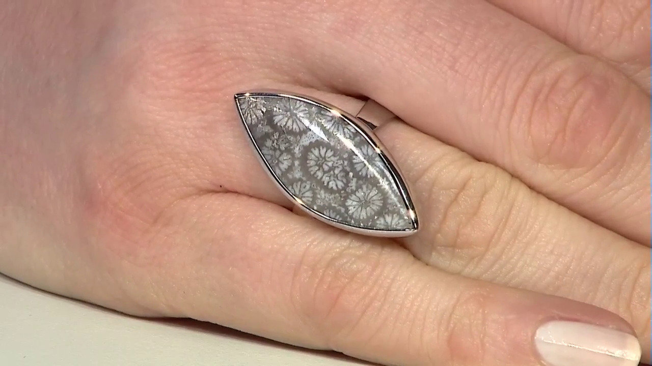 Video Zilveren ring met een Versteend koraal