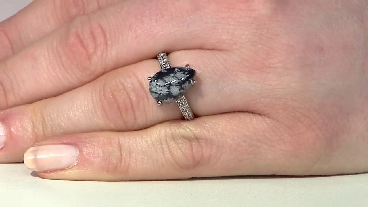 Video Zilveren ring met een sneeuwvlokken obsidiaan
