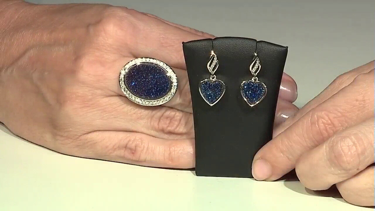 Video Blue Glitter Agate Silver Ring