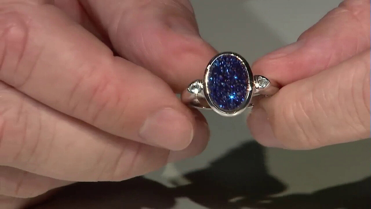 Video Zilveren ring met een Blauwe Glitter Agaat