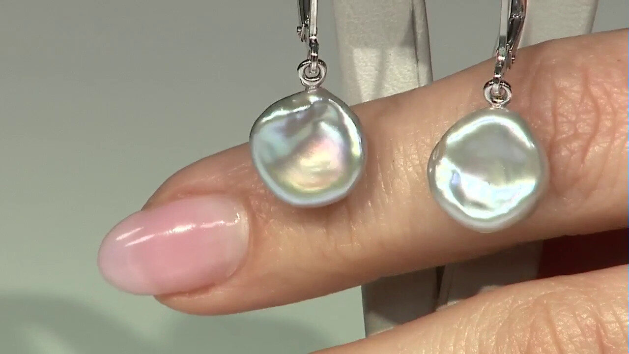 Video Grey Keshi Freshwater Pearl Silver Earrings (TPC)