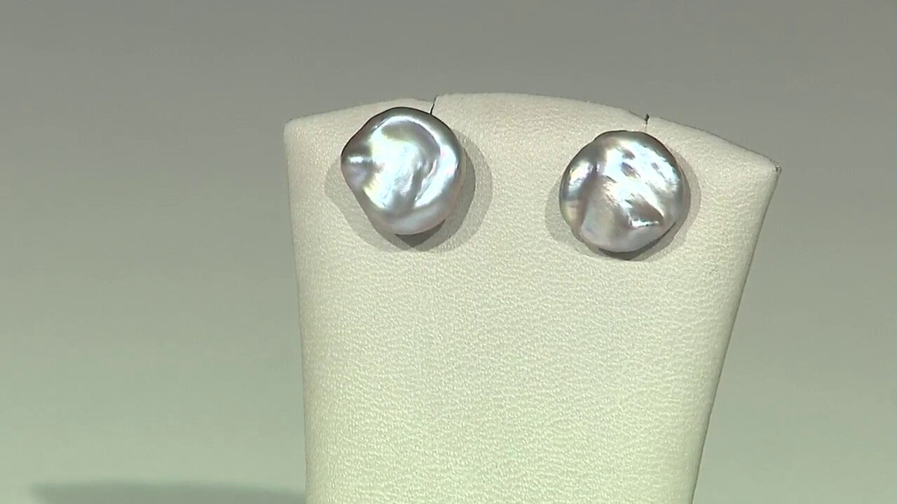 Video Grey Keshi Freshwater Pearl Silver Earrings (TPC)