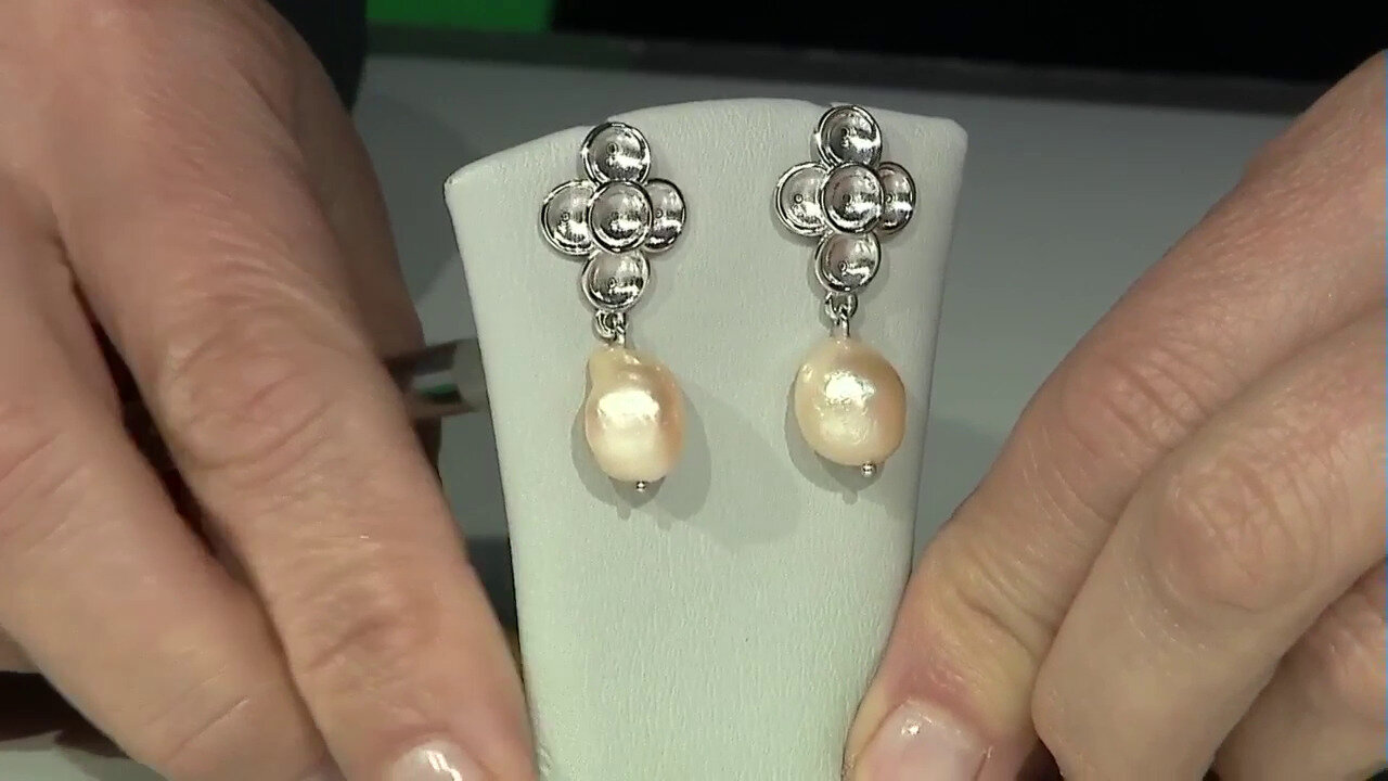 Video Peach Freshwater Pearl Silver Earrings (TPC)