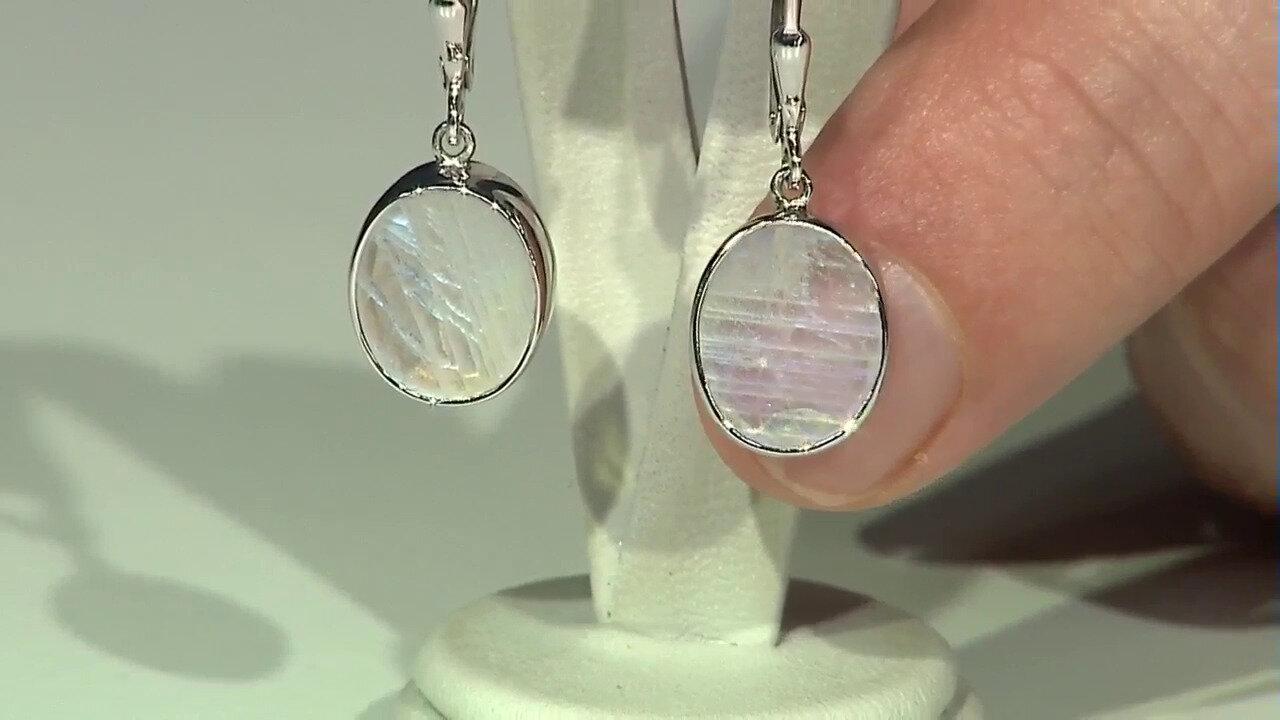 Video Rainbow Moonstone Silver Earrings