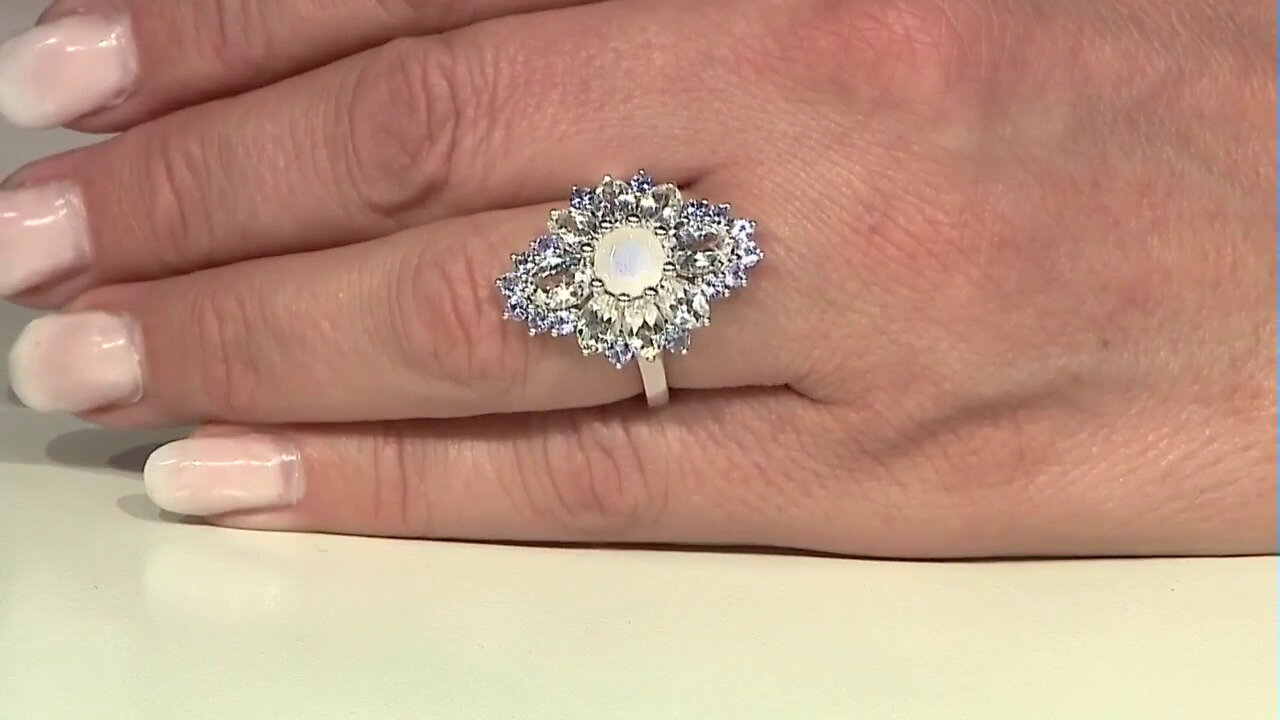 Video Rainbow Moonstone Silver Ring