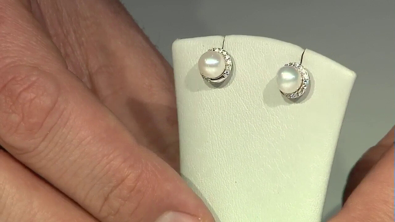 Video White Freshwater Pearl Silver Earrings