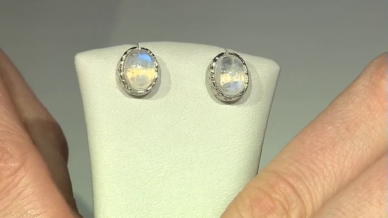 Video Rainbow Moonstone Silver Earrings