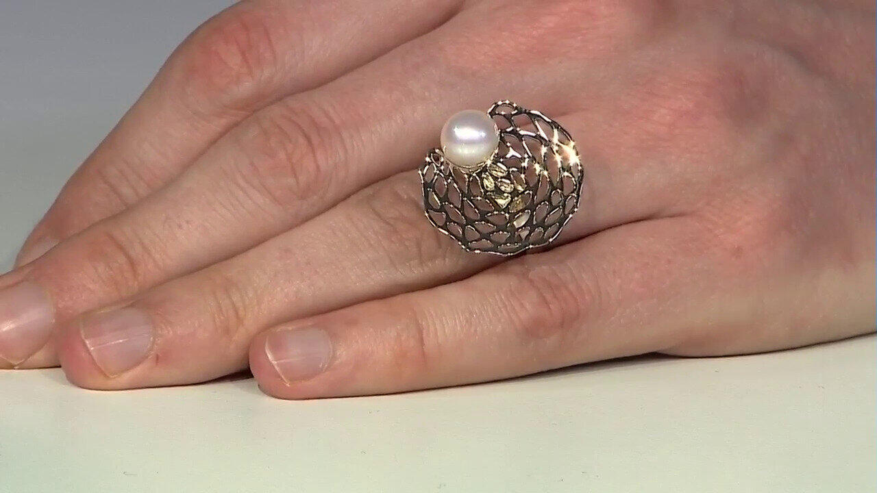 Video White Freshwater Pearl Silver Ring (TPC)