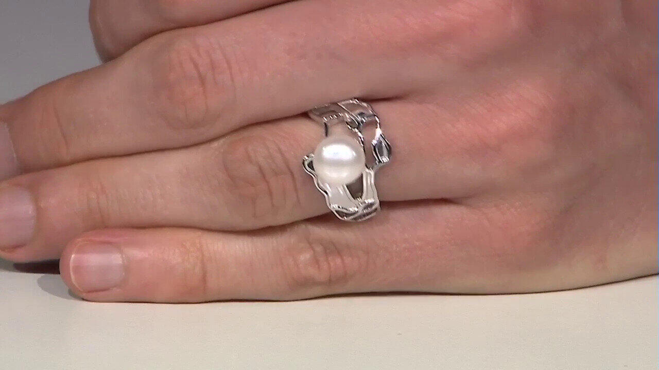 Video Zilveren ring met een Witte zoetwater kweekparel (TPC)
