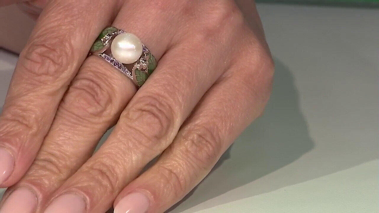 Video Bague en argent et Perle blanche de culture d'eau douce (Adela Silber)