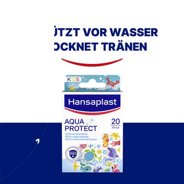 Hansaplast Aqua Protect Kinderpflaster | 100% Wasserdicht für Kinder | Ideal zum Schwimmen und Baden | Zuverlässige Klebkraft | Nicht verklebende Wundauflage | Flexible und atmungsaktive Pflaster | Bunt bedruckte Pflaster | 20 Strips